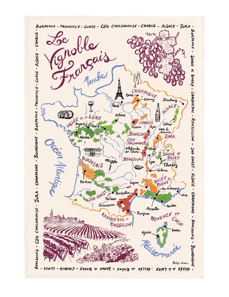 Torchon La Carte Des Vins De France Ecru